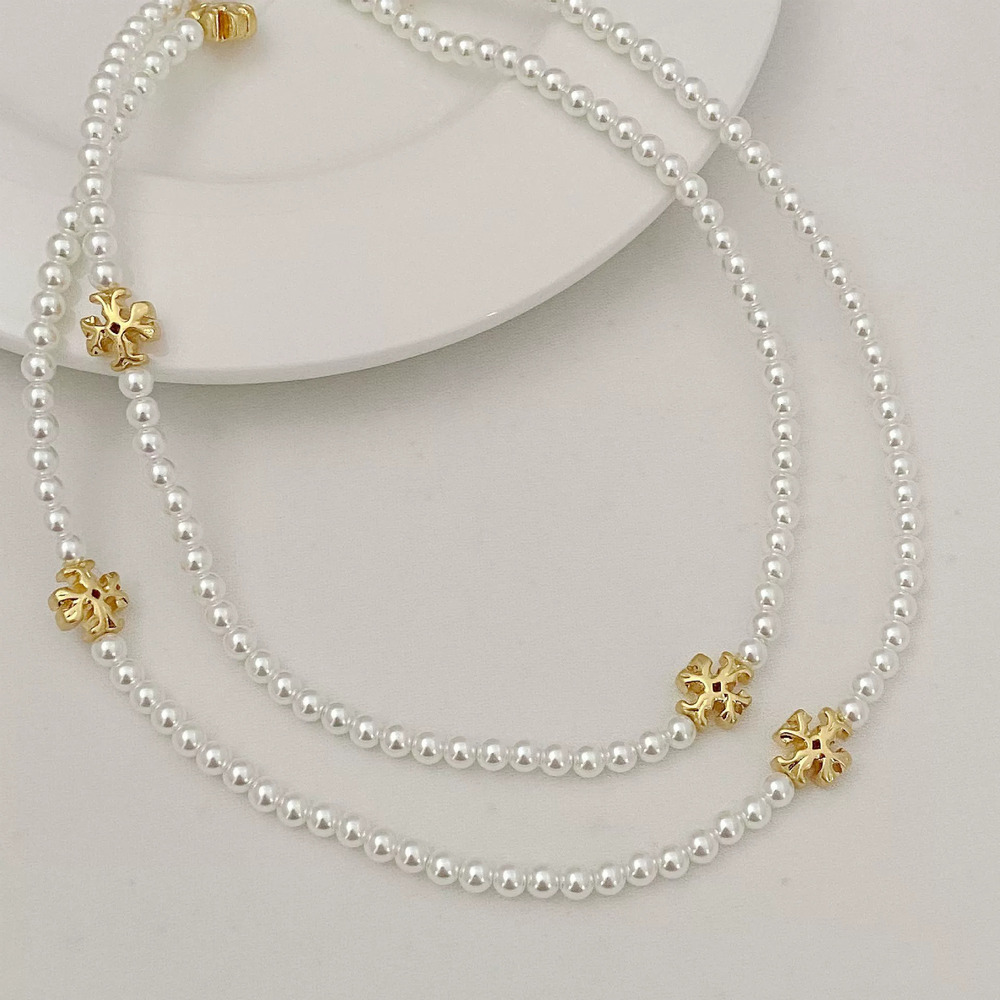 Tory Burch Pearl Letter Necklace Metal Chain